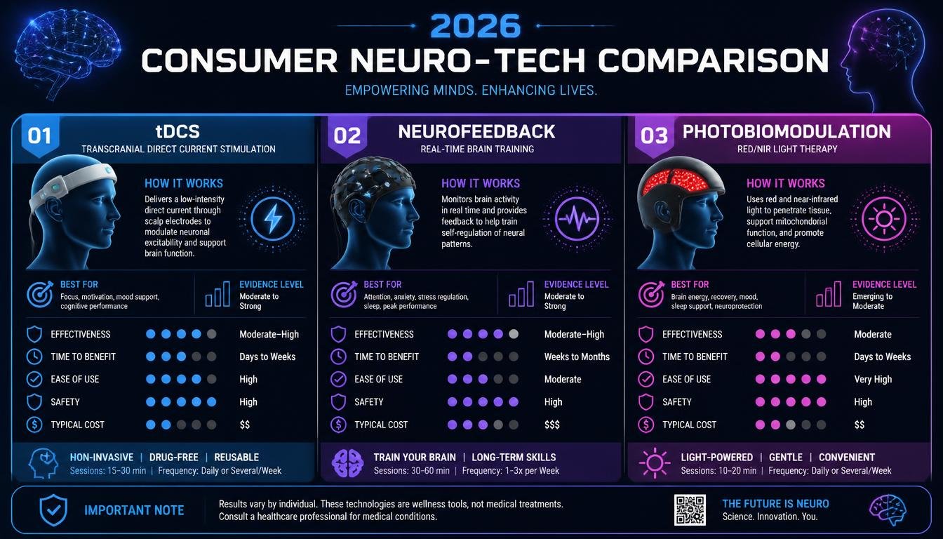 2026 Consumer Neuro-Tech Comparison: tDCS, Neurofeedback, and Photobiomodulation