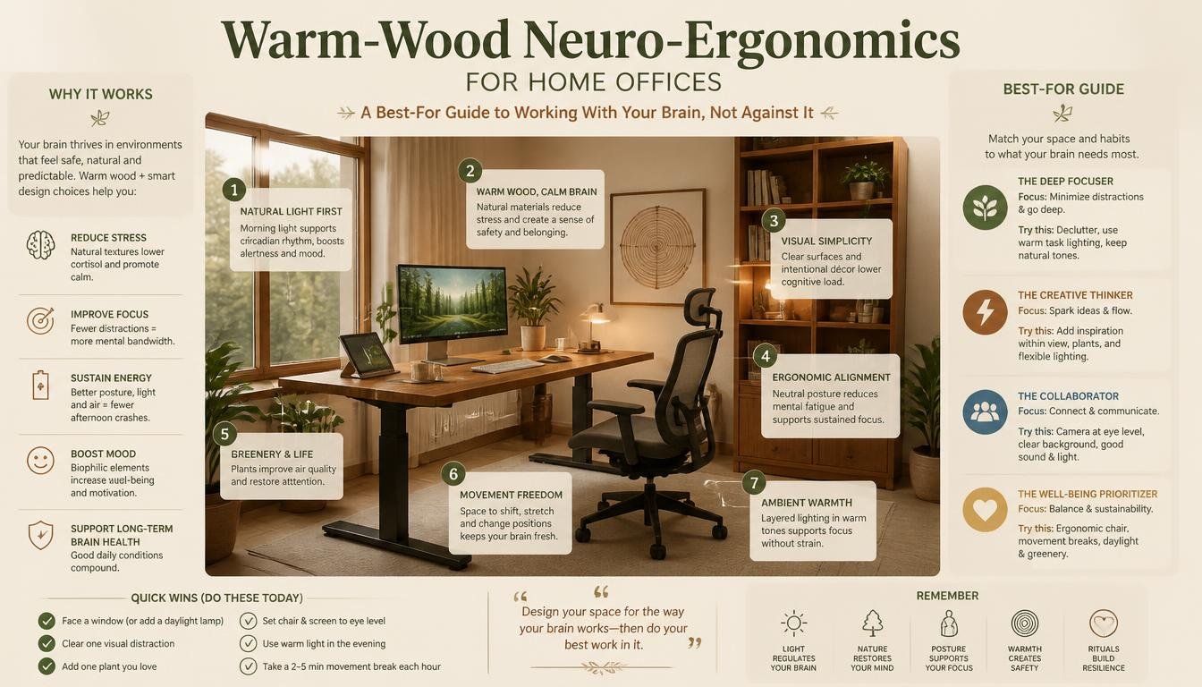 Warm-Wood Neuro-Ergonomics for Home Offices: A Best-For Guide to Working With Your Brain, Not Against It